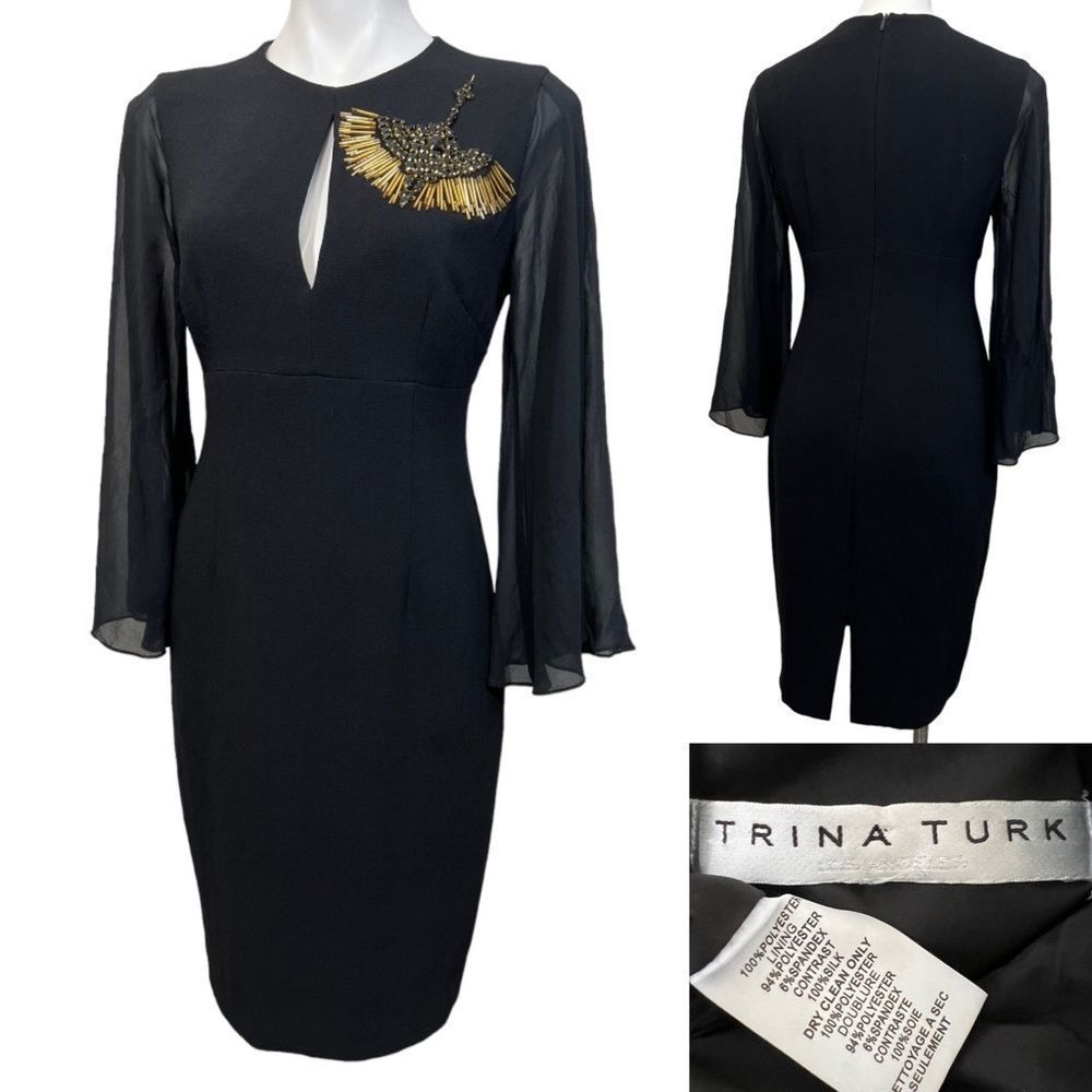 Trina Turk dress Black Keyhole Sheer Sleeve Embellished Gold Bead Sheath sz 6/8